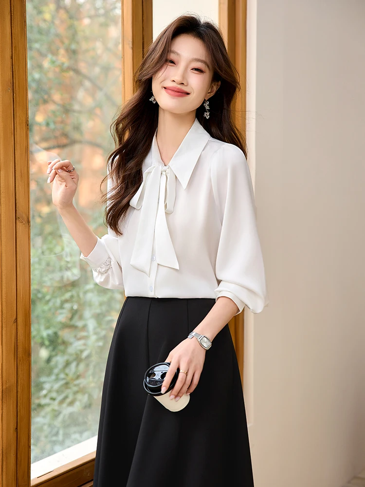 Spring Autumn White irt Women's Design Sensation Commute Sle Loose Fit Long Sve Button down Office Wear Polyester Blend