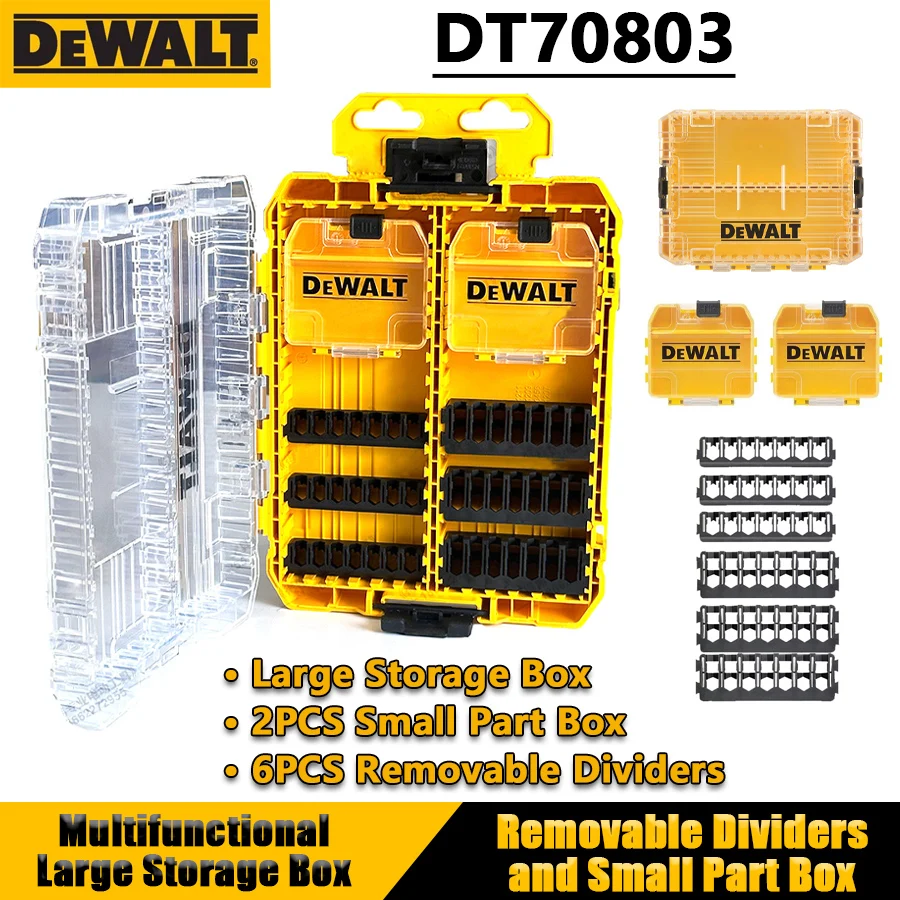 DEWALT DT70803 Duży schowek ze zdejmowanymi przegródkami i pudełkiem na małe części Wielofunkcyjne przezroczyste plastikowe pudełko do układania w stosy