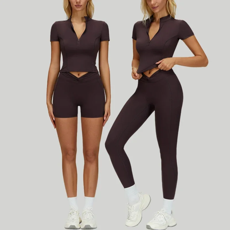 

VITALINOVO Womens Two Piece Workout Sets Slim Fit Short Sleeve Zipper Shirt High Waist Leggings Yoga Outfits Matching Gym Set