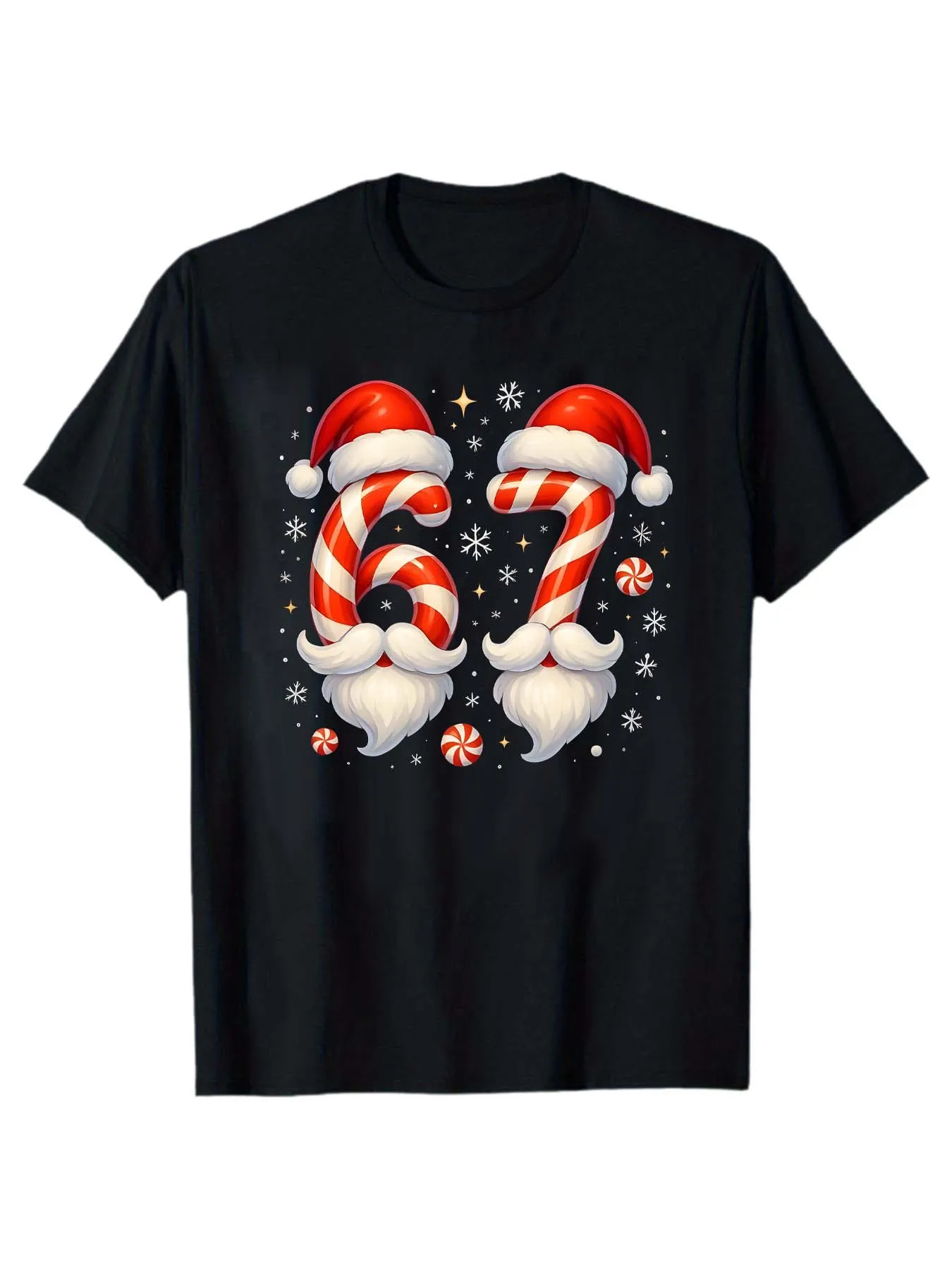 

Men's Christmas 67 Number Creative Candy Graphic T-Shirt Santa Hat Beard Elements Loose Crew Neck Casual Top