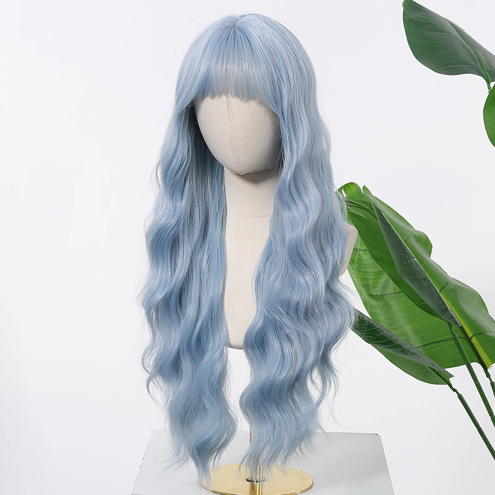 Allbell Magique Blaue Haarperücke mit Pony, lange gewellte synthetische Perücke, babyblaue lockige Perücke für Frauen, täglicher Partygebrauch, hitzebeständig – Detail 8