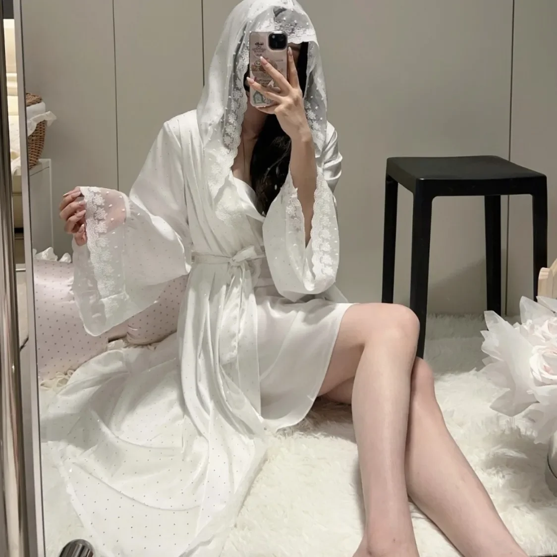 

White Wedding Dress Set Lady Bride Robe Suit Long Kimono Bathrobe Intimate Lingerie Luxury Mesh Lace Trim Homewear Nightgown