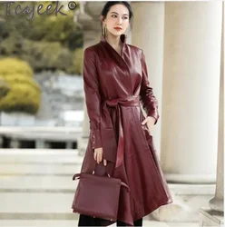 Tcyeek Echte leren jas Dames Middellange trenchcoat Vrouw Natuurlijke schapenvachtjas Katoenen jassen Lente Herfst Kleding Riem