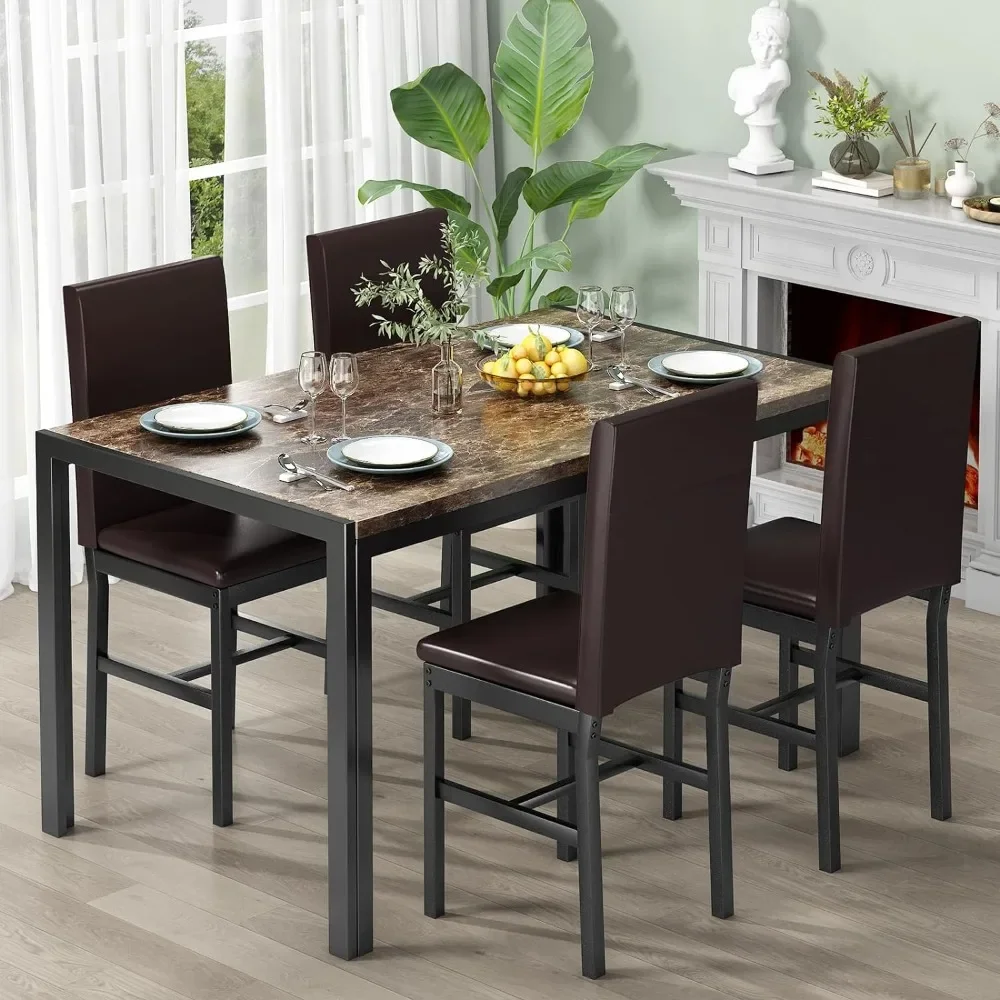 Dining Table Set for 4, Faux Marble Kitchen Tables and Chairs for 4, Dining Table Sets w/Leather Upholstered Dinner Chair