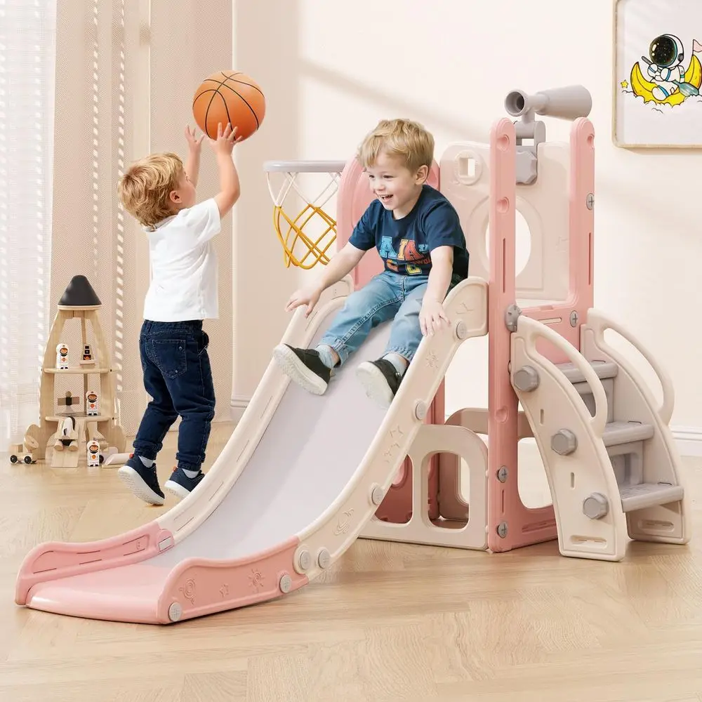 6-in-1-Rutsche für den Innenbereich für Kleinkinder von 1–3, Kletterer-Spielset, Rutsche mit Basketballkorb und Teleskop, Outdoor-Spielplatz für Kleinkinder (Rosa)