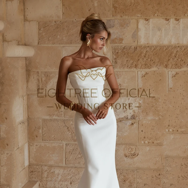 Eightree Boho Mermaid Wedding Dresses Strapless Sleeveless Sweep Train Satin Bridal Dress Simple Wedding Prom Gowns Customized image 3