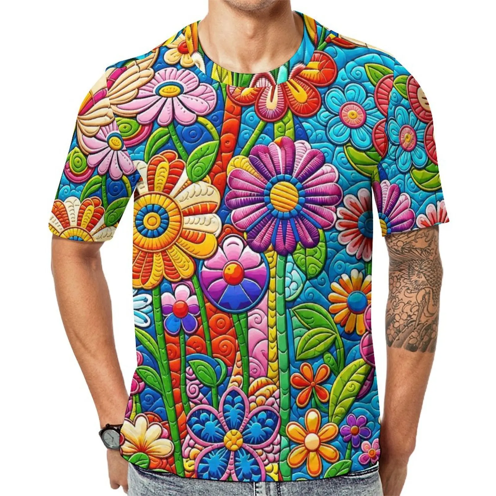 Plus Size T-Shirt Summer Vibrant Quilted Garden Vintage Floral Print T-Shirts  Streetwear O-Neck Tshirt Man Cool Design Clothes