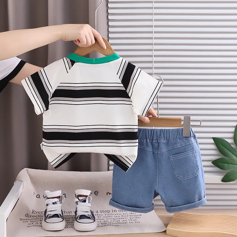 Toddler Boys Robot Shark Print Striped Short Sleeve T-shirt + Denim Shorts Set 2026 Summer New Kids Casual 2pcs Outfits Clothing