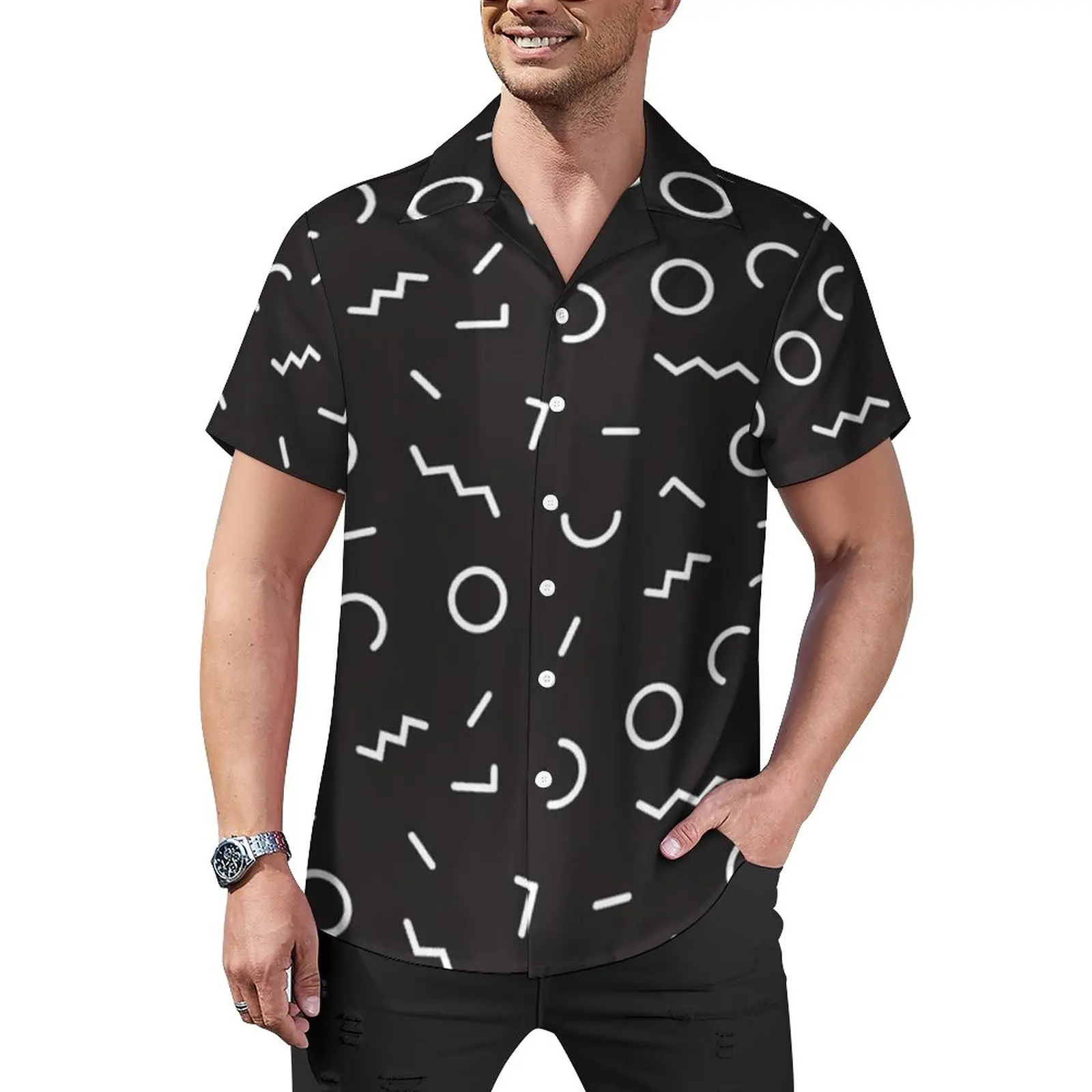 

Memphis Style Beach Shirt Abstract Pattern Black Summer Casual Shirts Man Stylish Blouses Short Sleeve Custom Clothing Plus Size