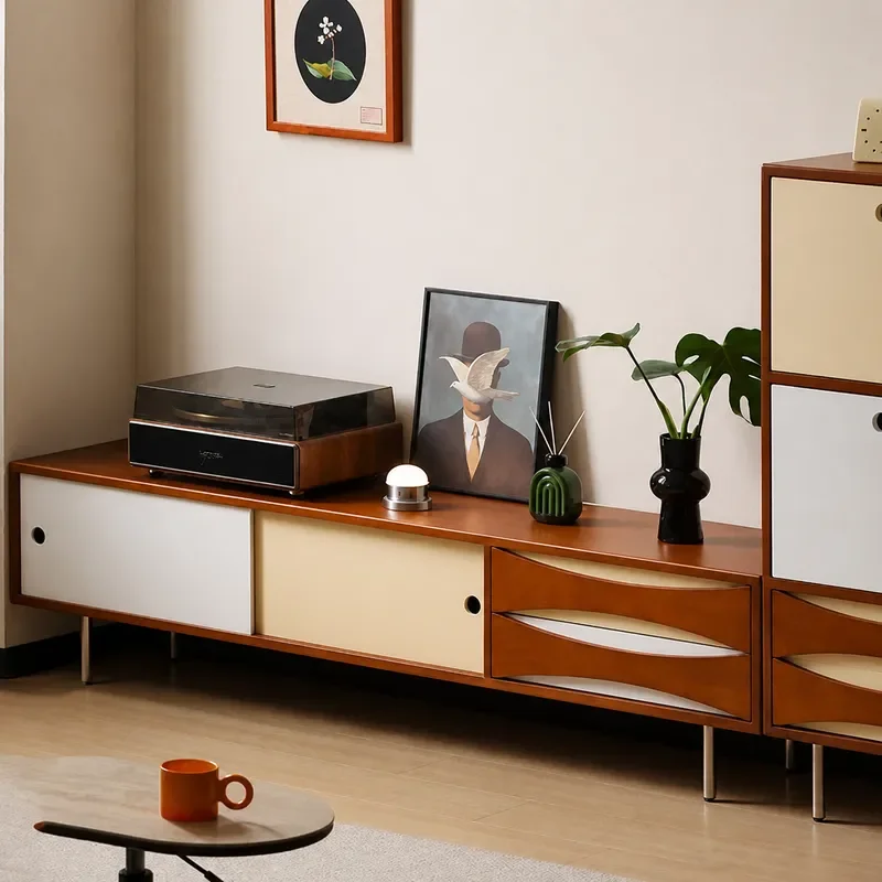 Nordic Solid Wood TV Cabinet Stainless Steel Sliding Door Storage Unit for Living Room Small Apartment Audio Visual Console