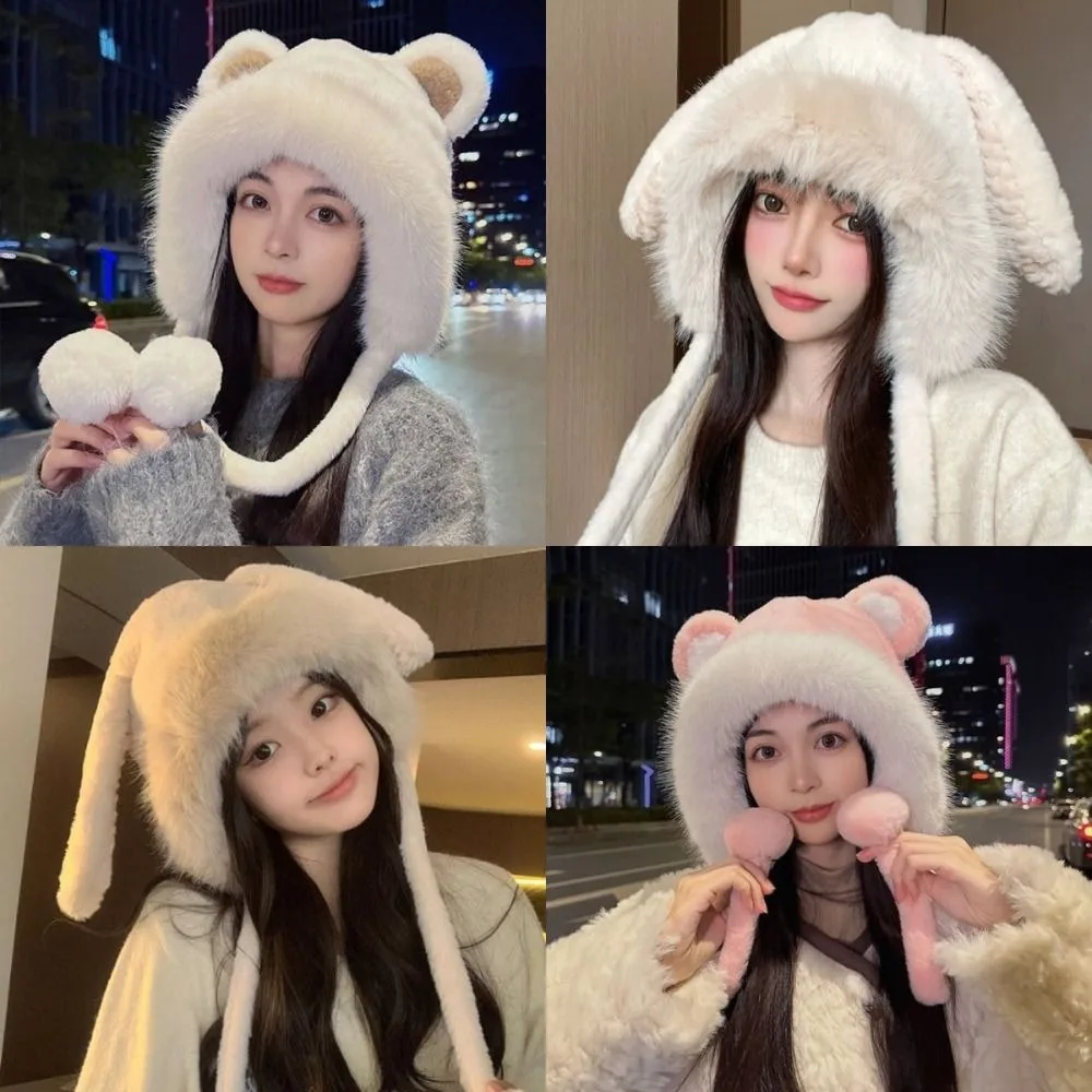 

Cute Warm Winter Hat Lacing Ear Protection Bear Ears Hat Woolen Velvet Bucket Hat Women