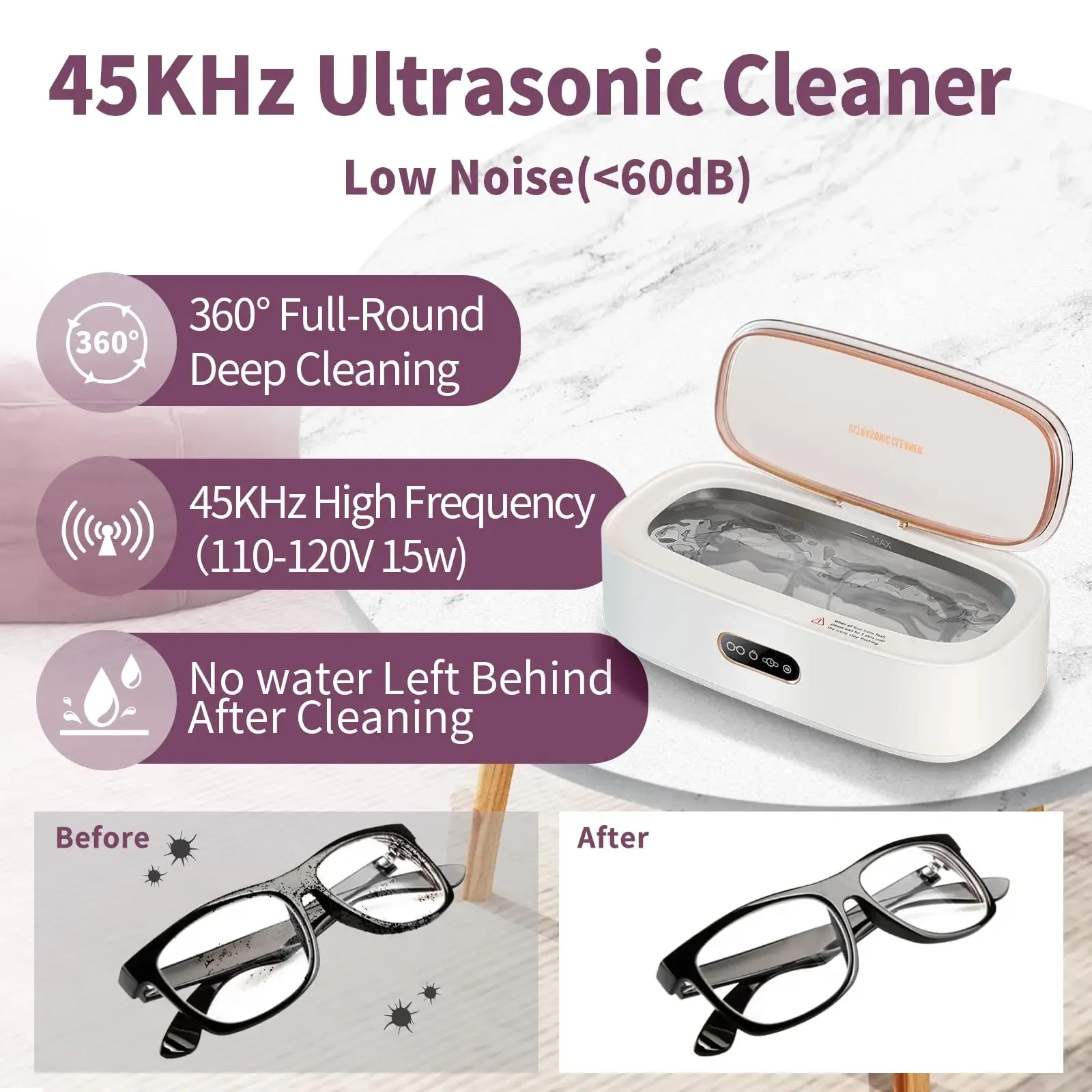 

Portable Quick Clean Up Ultrasonic Cleanser 43KHz High Frequency Touch Operation 360° Deep Cleaning Machine for Glasses Jewelry