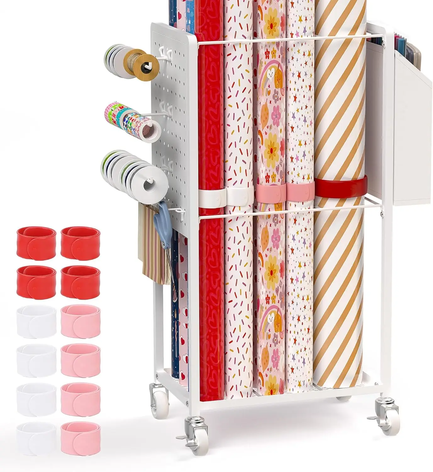 

Gift Wrapping Station with 12PCS Slap Bands, Rolling Wrapping Paper Cart Station Organizer Gift Wrap Storage, Ribbon Hol