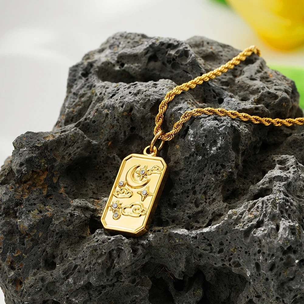 

Stainless Steel Gold Plated Tarot Neckalce for Women Fashion Statement Cloud Moon Star Geometric Square Pendant Neckalces