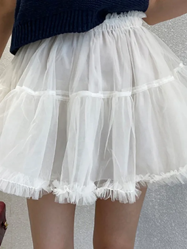 バレエ風ハイウエストチュールパフハーフスカート レディース 2025年春新作 Aライン着痩せ効果のある優しいショートスカート オンライン限定