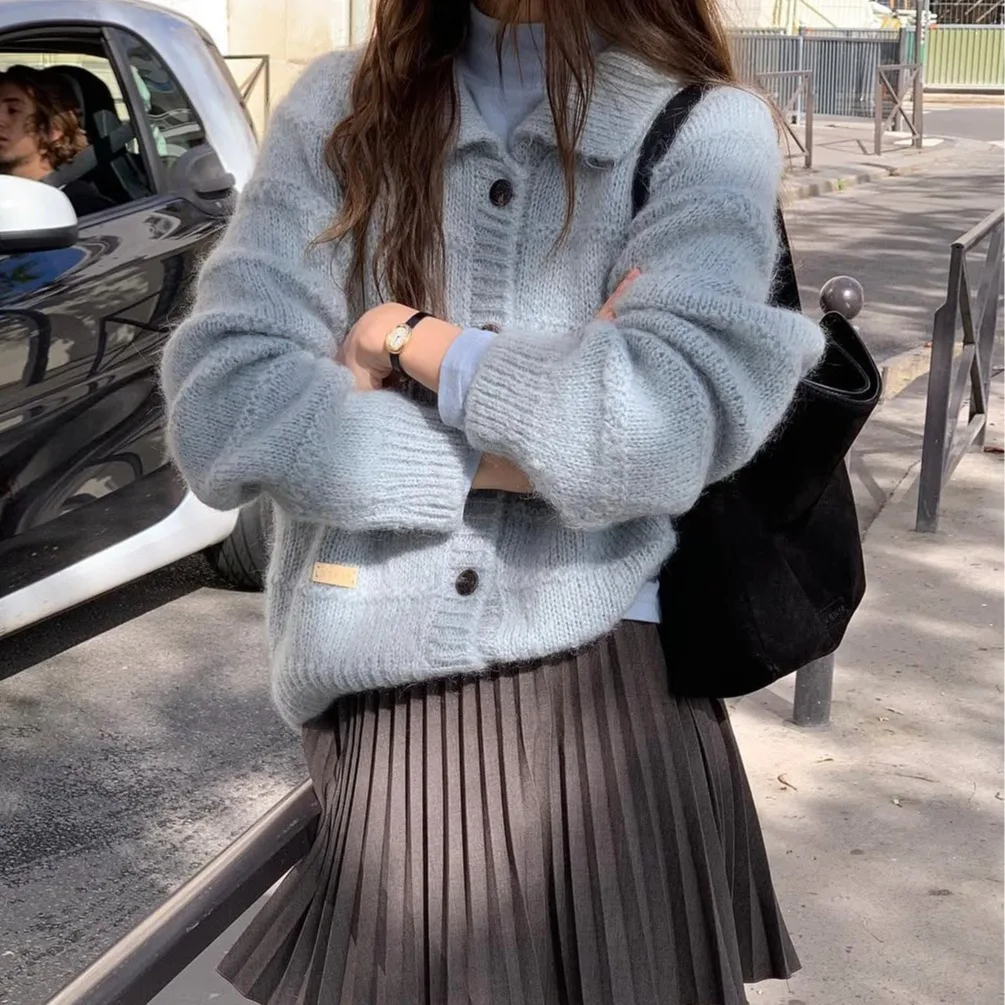 Elegant Korean Style Knitted Long Sleeve Hollow out Loose Fit Cashmere Coat Chic Collar Soft And Cozy Women's Sweater