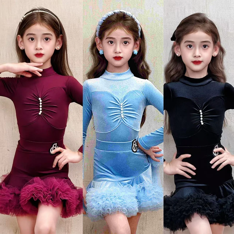 2025 어린이 라틴 댄스 의상 긴 소매 높은 칼라 풍성한 드레스 소녀 차차 룸바 댄스 드레스 대회용 드레스