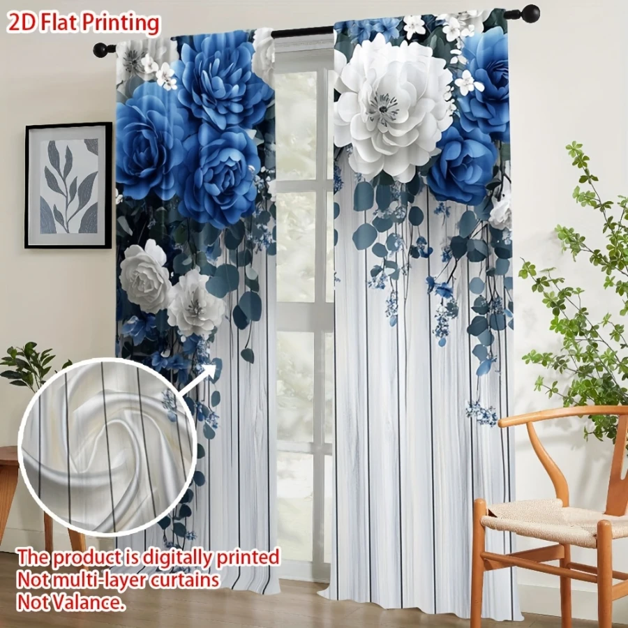 2PCS Digital Printed Curtains, Blue White Peony Design, Floral Flower Style for Living Room Bedroom Kitchen Home Decor