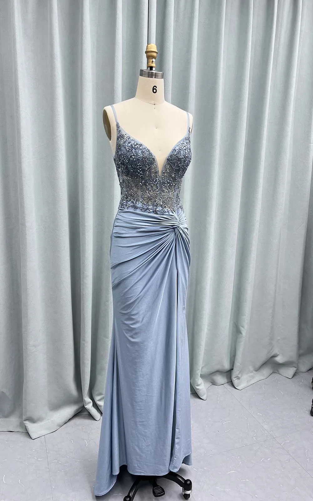 YQLNNE Dusty Blue Crystals Beaded High Slit Prom Dresses Long Mermaid Knitting Formal Dress