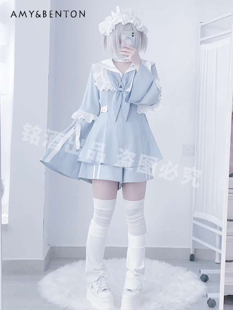 Japanese Mine Mass-Produced Sailor Collar Lace Stitching Water Color Slim Dress Shorts Lolita Two Piece Sets Womens Outifits