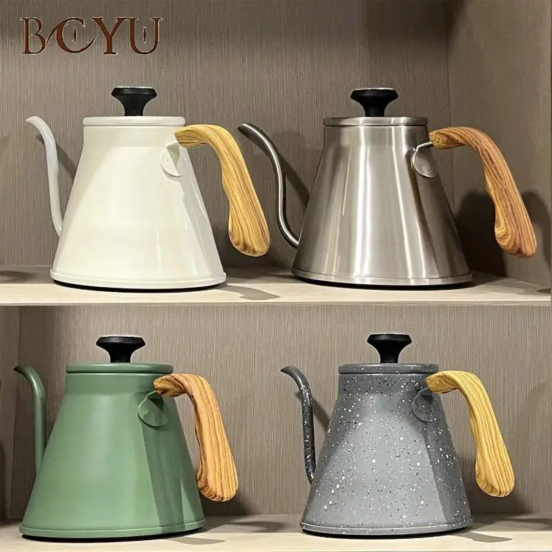 1.2L Stainless Steel Coffee Pot Nordic Style Gooseneck Kettle with Thermometer Vintage Wood Handle Coffee Maker Kettle