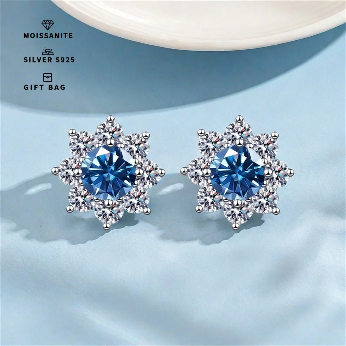 A pair of S925 silver Platinum plating Blue GRA Moissanite sunflower earrings for women's fine jewelry elegant style wedding