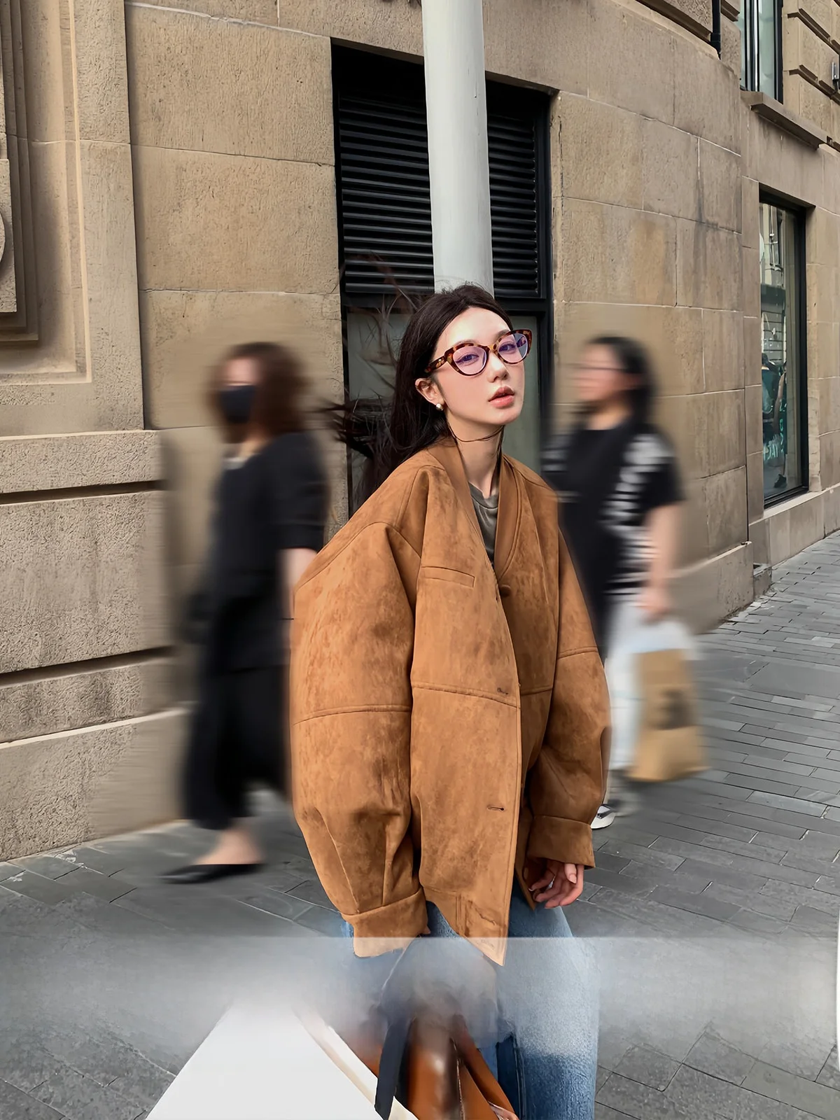 

Women's Loose American Retro Baseball Jaet Suede V-Ne Top Breathable Polyester Fiber Long Sve Coat for Autumn