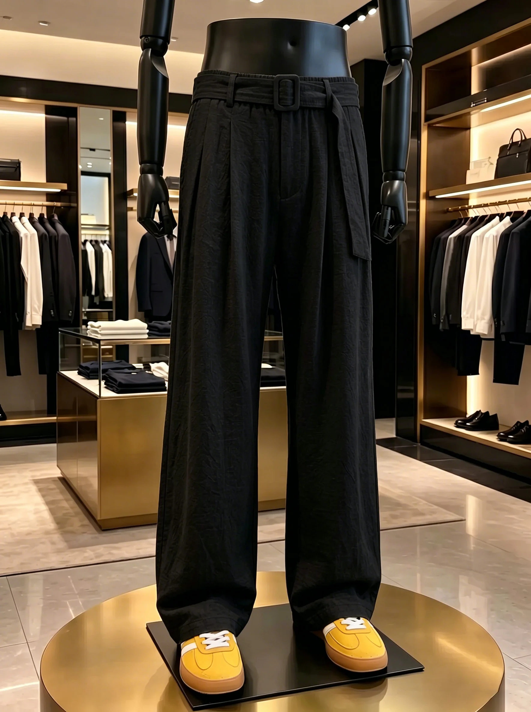 Black Linen-Style Belted Knife- Casual Pants Men's Lightweight Breathable Summer Straight Leg Wide Leg Loose Fit Trousers