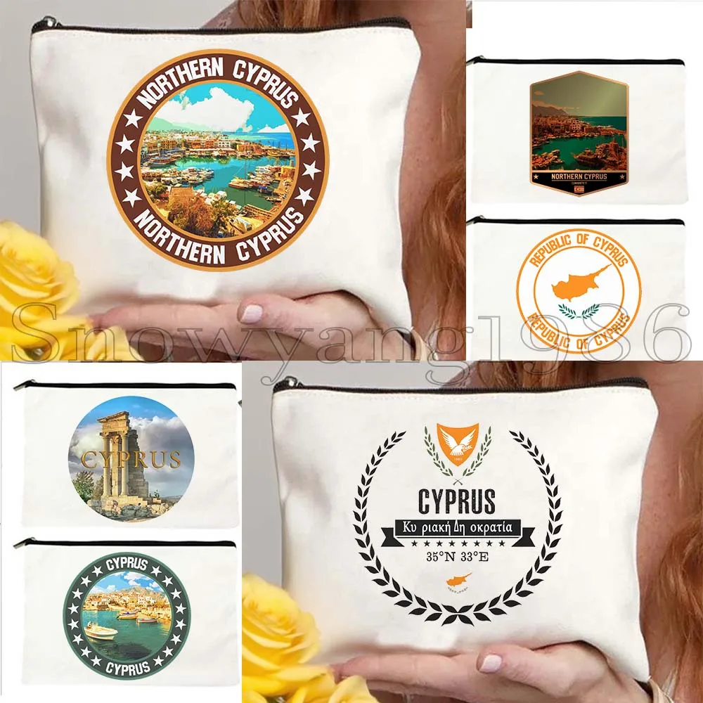أذرع قبرص العلم خريطة نيكوسيا الهدايا قماش حقيبة مستحضرات التجميل ماكياج المرحاض حقيبة مقلمة سستة الحقيبة مفتاح محفظة نسائية للعملات المعدنية أكياس التخزين