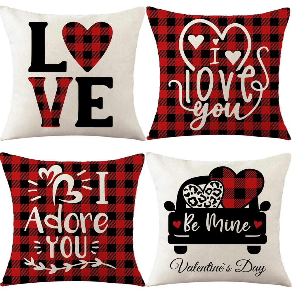 

Valentine's Day Decoration Pillow Cover Checkered Pillowcases Letters Plaid Pillowslips Valentine's Day Gift Couch Cushion Cover