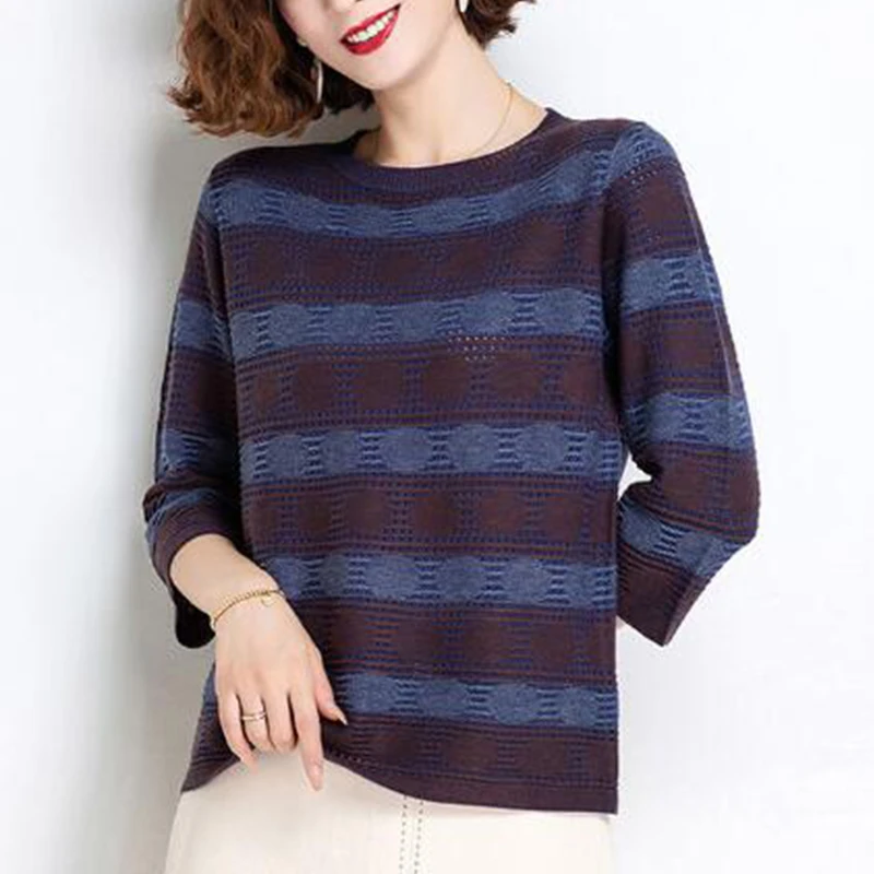 spring autumn Korean style ice silk striped print loose sweater women 3/4 sleeve casual fashion knitting pullover female clothes