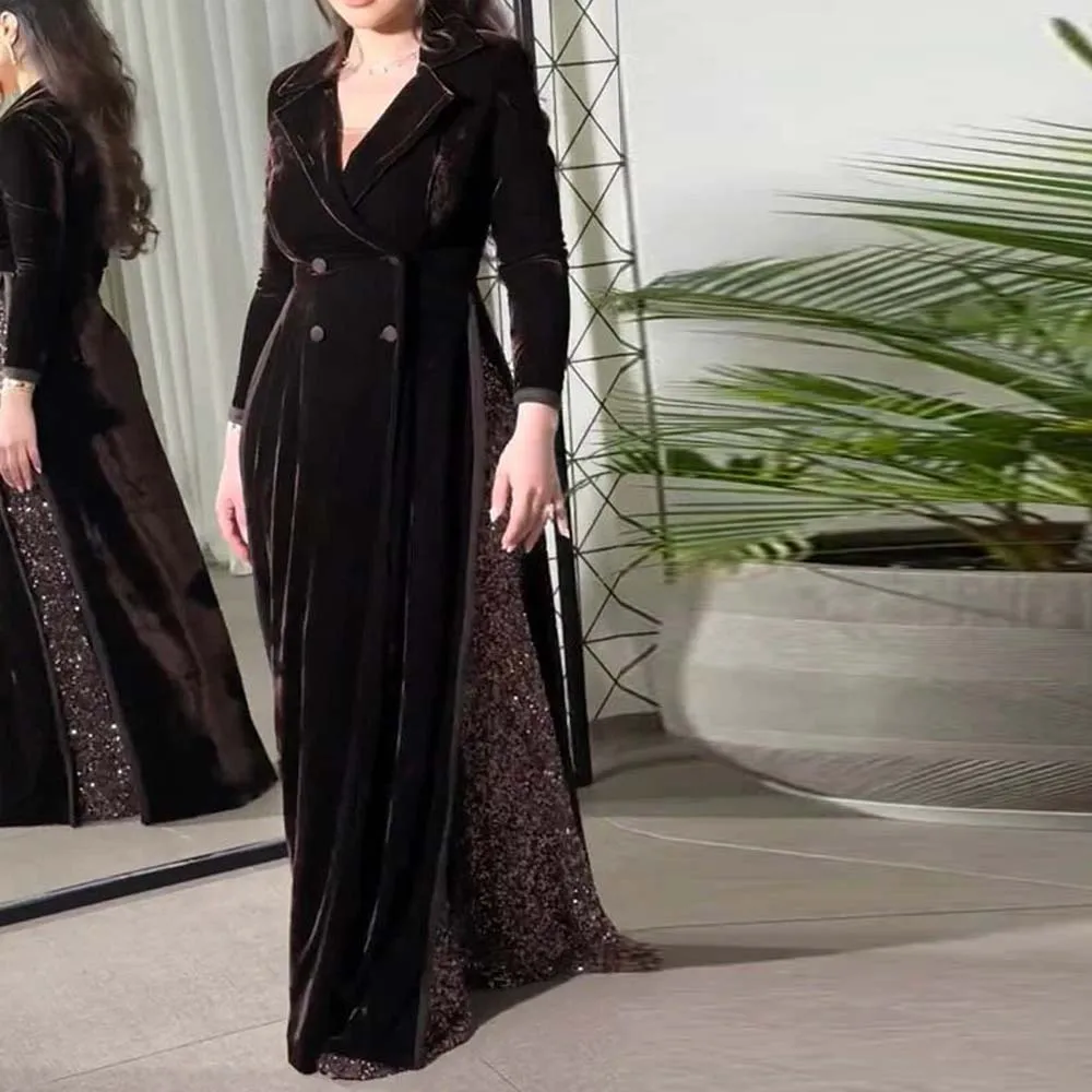 

Customized Double Breasted Coat Evening Dress Peaked Lapel Winter Formal Outfit Velvet A Line Long Semi Evening Gown