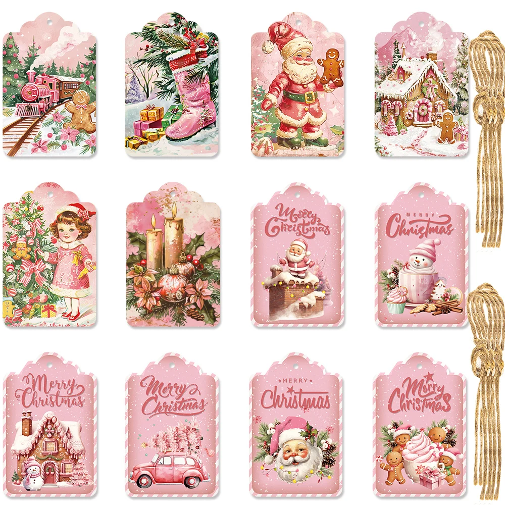 60st Roze Retro Kerstcadeau Hang Tag Vrolijk Kerstfeest Kraft Papieren Tag Kerstboom Opknoping Label Kaart Xmas Feestgeschenk