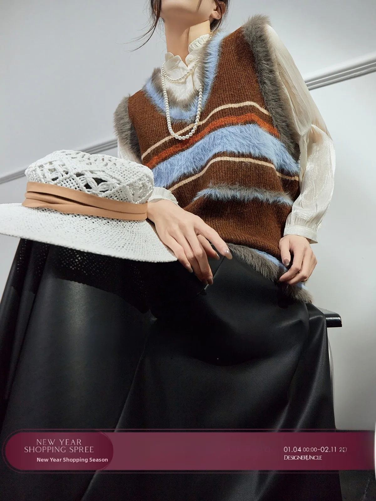 

Вязаный жилет Ele Design, новый осенний роскошный легкий дядя для поездок на работу, с высоким воротником, полосатый искусственный шелк, хлопок