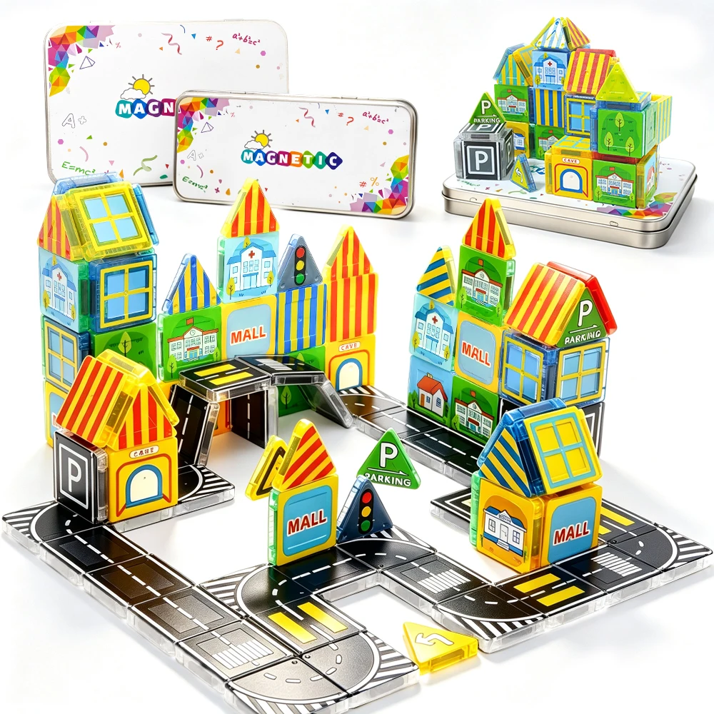 Magnetic Road Construction Community Traffic Set Toy Gift For Kids Magnetic Building Blocks Montessori Educational STEM DIY Toys