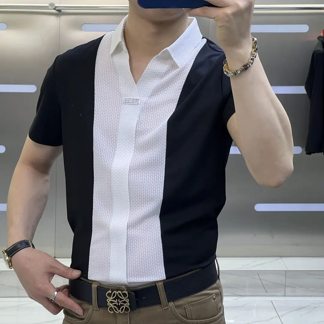 High end ice silk short sleeve shirt men in summer hollow out elastic breathable T-shirt Fashion solid casual brand clothes