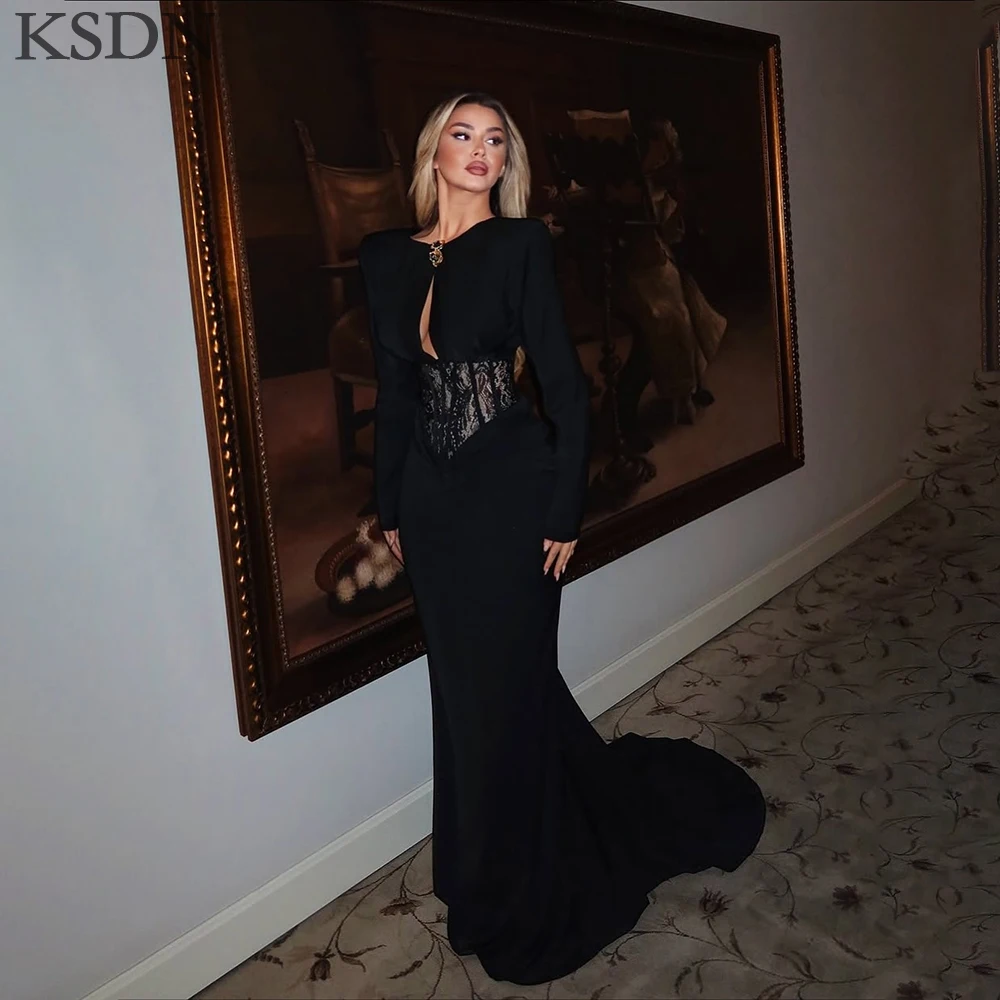 فساتين سهرة سوداء مثيرة من KSDN بسيطة بأكمام طويلة سويب تراين فساتين دانتيل فستان رسمي للحفلات الراقصة للنساء الأنيقات