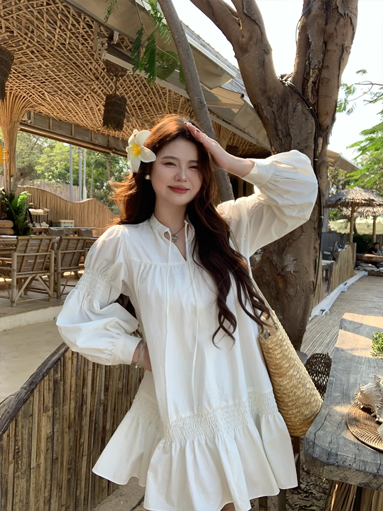 

Женское платье в богемном стиле больших размеров, новинка весны, с V-образным вырезом, рукавами-фонариками, из хлопка, повседневное, А-силуэт, миди.