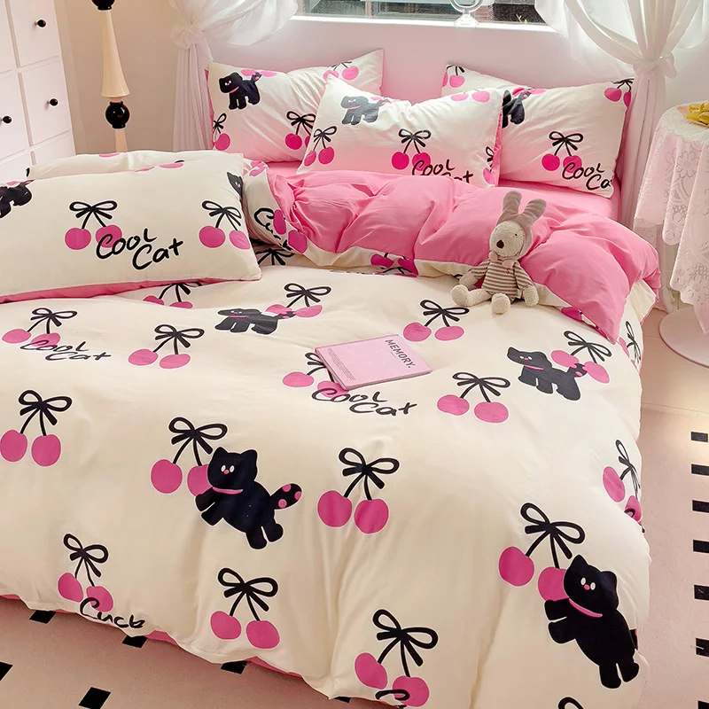 Black Cat Duvet Cover Set Twin Queen 4pcs Cartoon Bedding Set - 1 Pink Cherry Comforter Cover + 1 Fitted Sheet + 2 Pillowcase