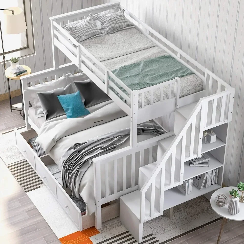 

Bunk Bed, with Drawer,4 Storage and Guard Rail,for Bedroom, Dorm, for Family,Teens,Wood Bunk Bed Frame