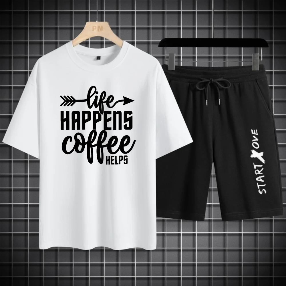 مجموعات الرجال الصيف التجفيف السريع الحياة يحدث القهوة يساعد على بدء الحب المطبوعة الجرافيك تي شيرت البدلة رياضية الرجال الزي القصير