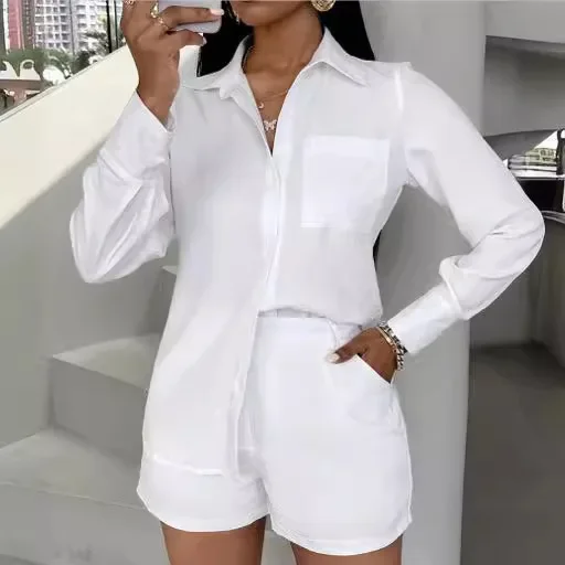 

Women's Suit Shirt Pants New Slightly See-through Pocket Long-sleeved Shirt + Shorts Two-piece Set Fashion Casual Elegant Sexy