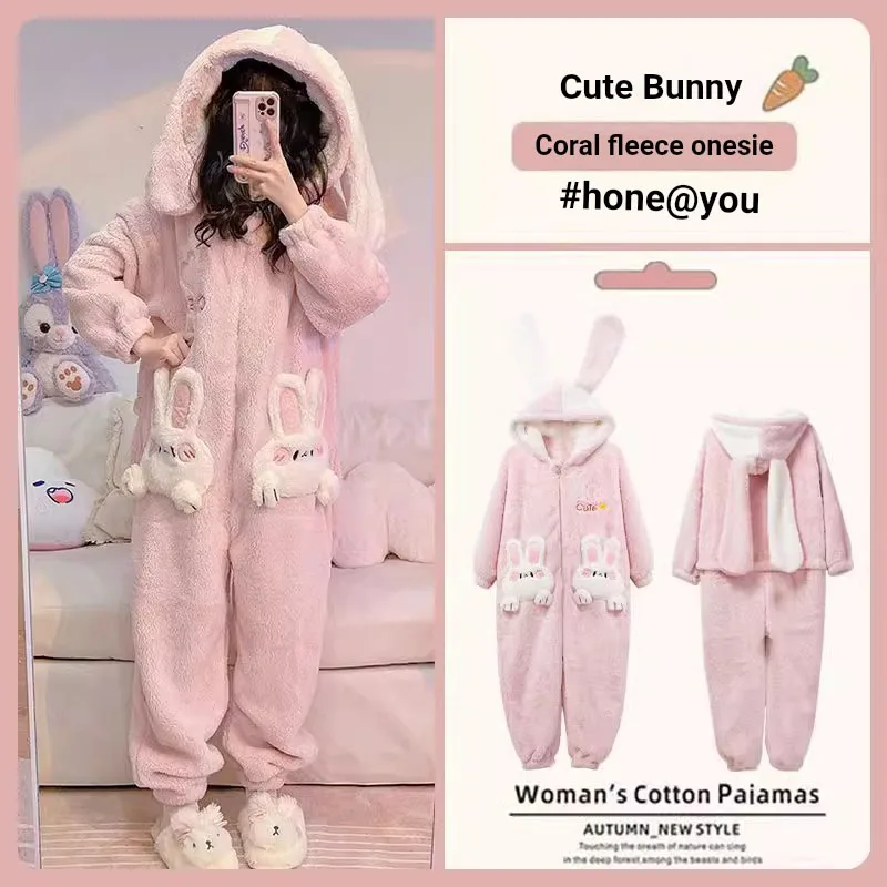Women Cute Bunny Onesie Pajamas Winter Coral Fleece Fluffy Hooded One Piece Sleepwear 3D Rabbit Pocket Cartoon Homewear Jumpsuit