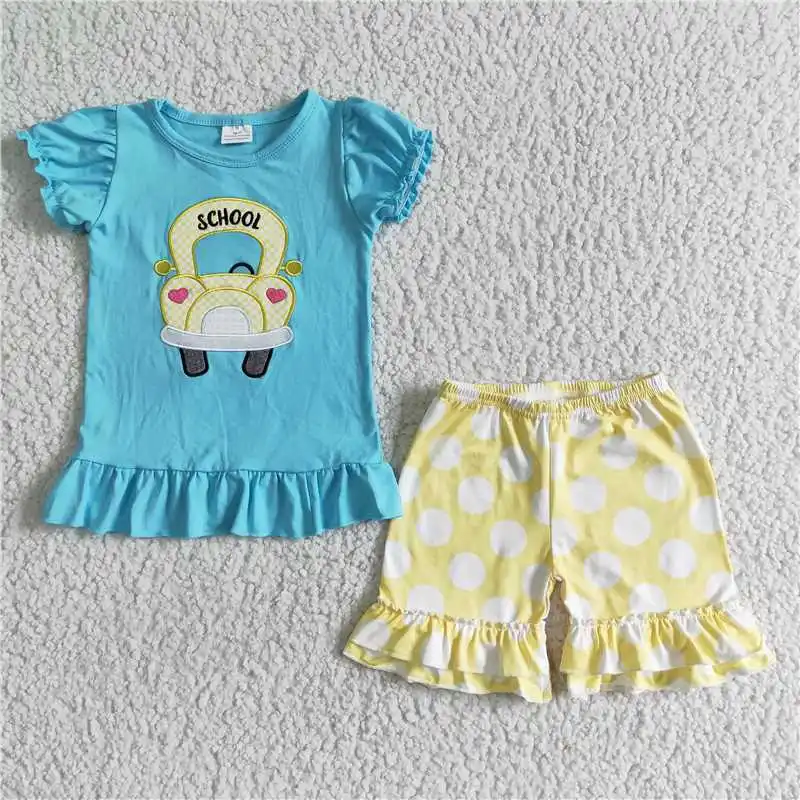 

2022 RTS Casual Children Kids Clothes Back To School Bus Printed Tshirts Shorts Design Baby Clothes Girls Clothing Sets Hot Sale