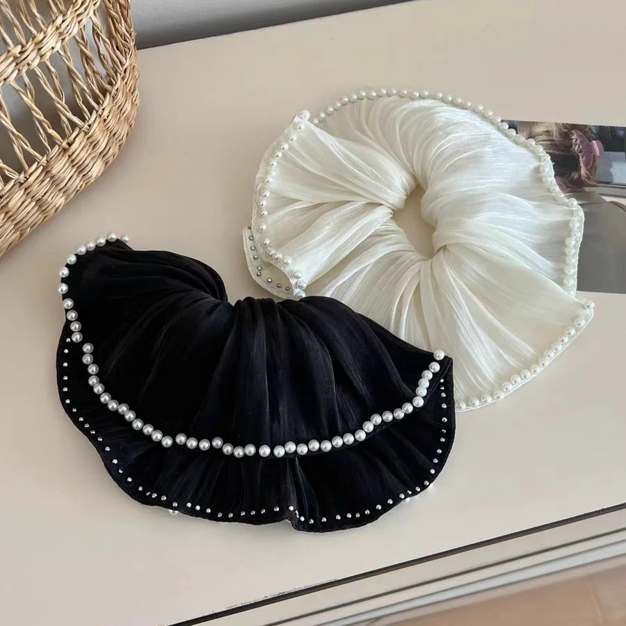 Retro Satin Pearl Pleated Oversized Scrunchie Headdress 2024 Autunn Winter Luxury Temperament Women Hair Band Hair Accessories