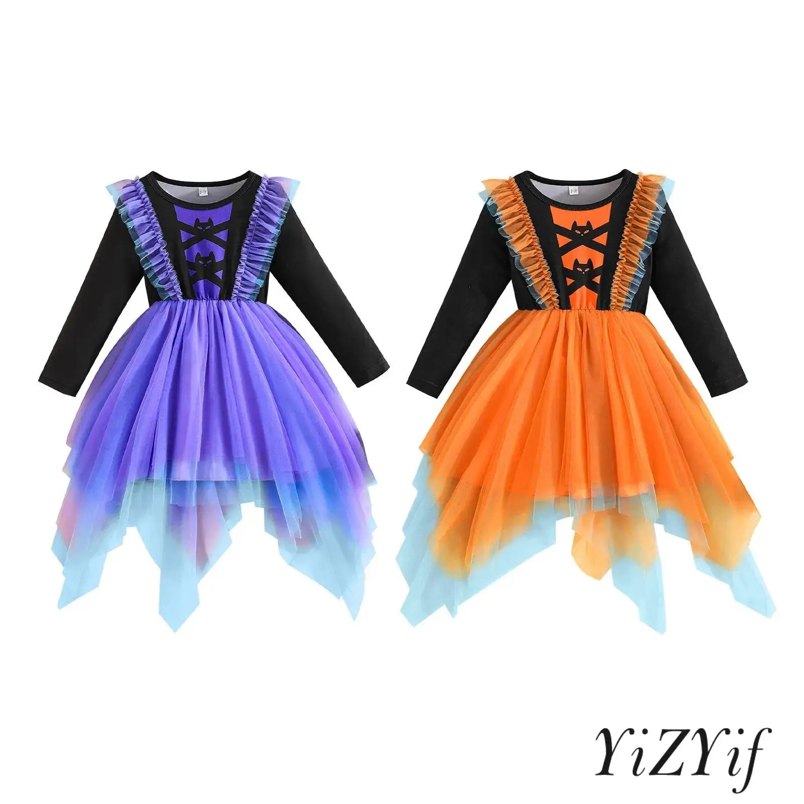 

Whimsical Halloween Cat Dress for Girls with Mesh Ruffles And Puffy Hem Perfect for Costume Parties And Stage Performances