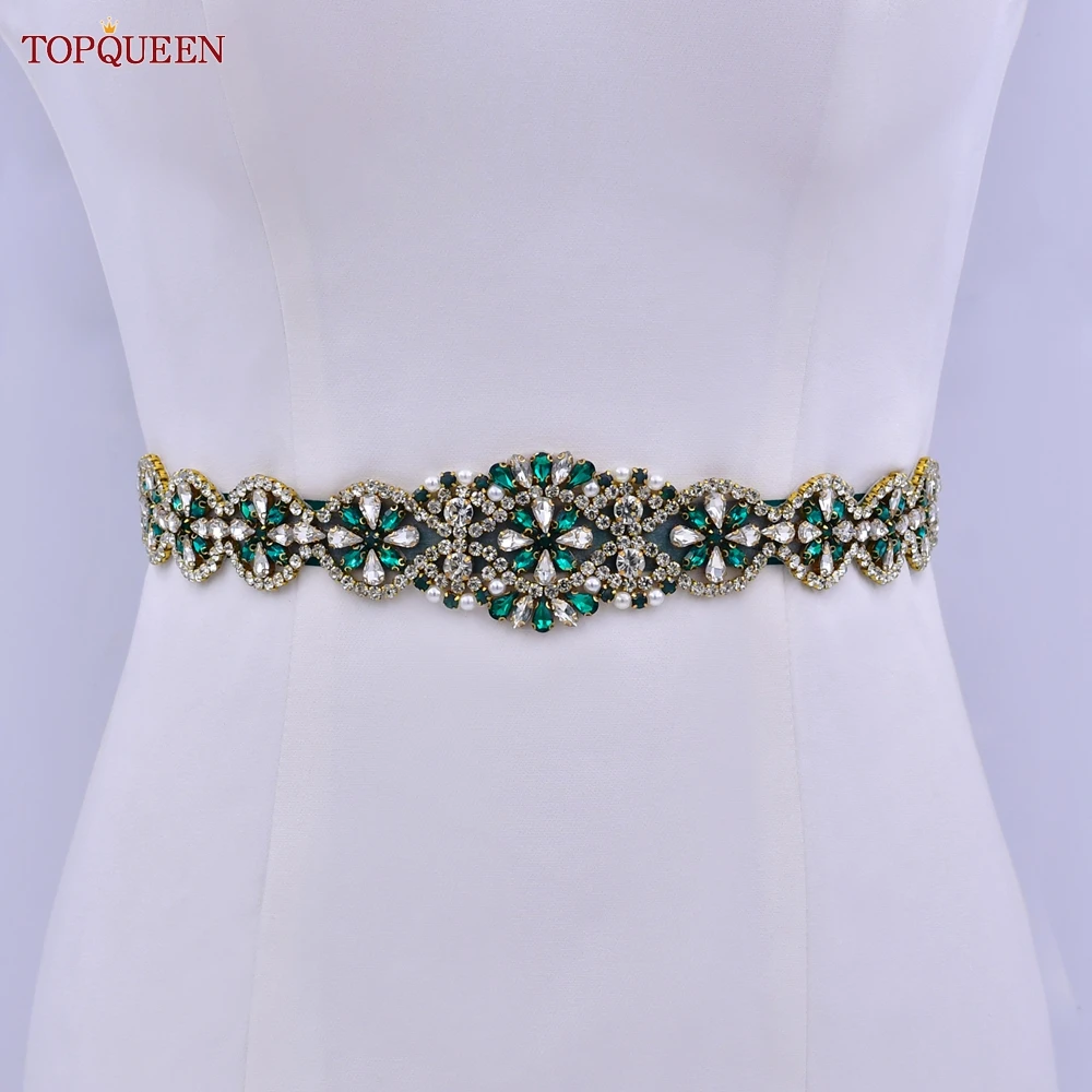 TOPQUEEN-cinturón para vestido de novia para mujer, faja de lujo hecha a mano, accesorios de fiesta diaria, diamantes de imitación verdes, color dorado, S161-KL