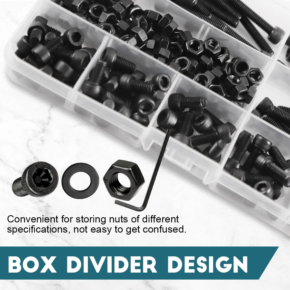M1.6 M2 M2.5 M3 M4 M5 M6 M8 Hex Socket Head Cap Screw Nut Kit 12.9 Grade Black Allen Cap Bolts and Nut with Washers Set