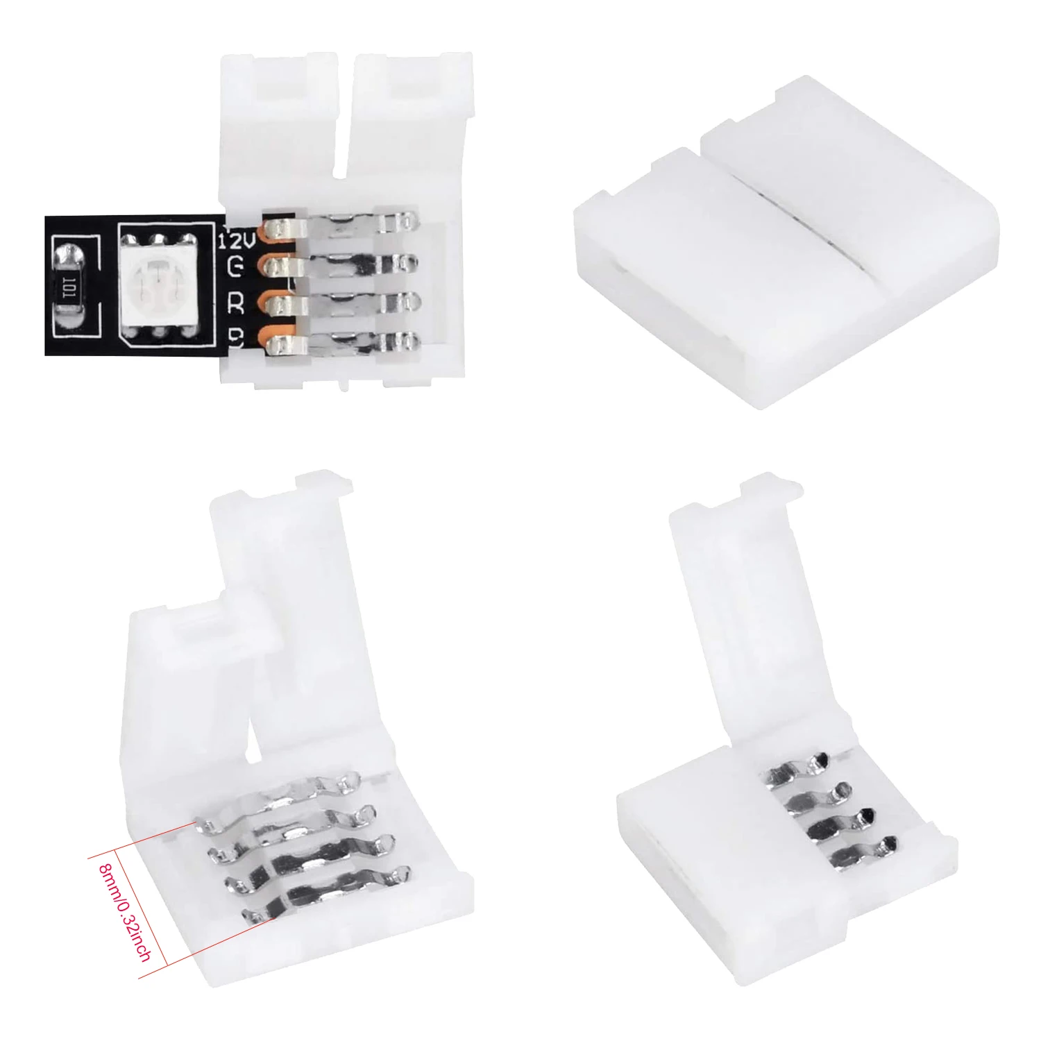 [NEW!A08R】 50 Packs 4-Pin RGB LED Light Strip Connectors 8Mm Gapless Solderless Adapter Terminal Extension For SMD 3528 LED Stri