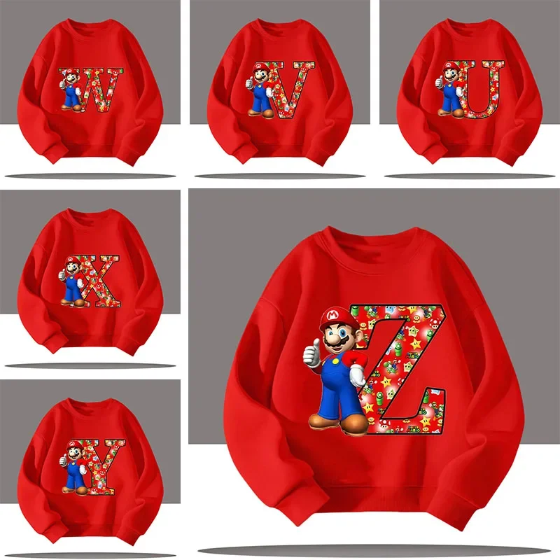 

children's cartoon print casual girls' top Mario Boy T-shirt with letters A-Z for children, round-neck pullover hoodie for kids